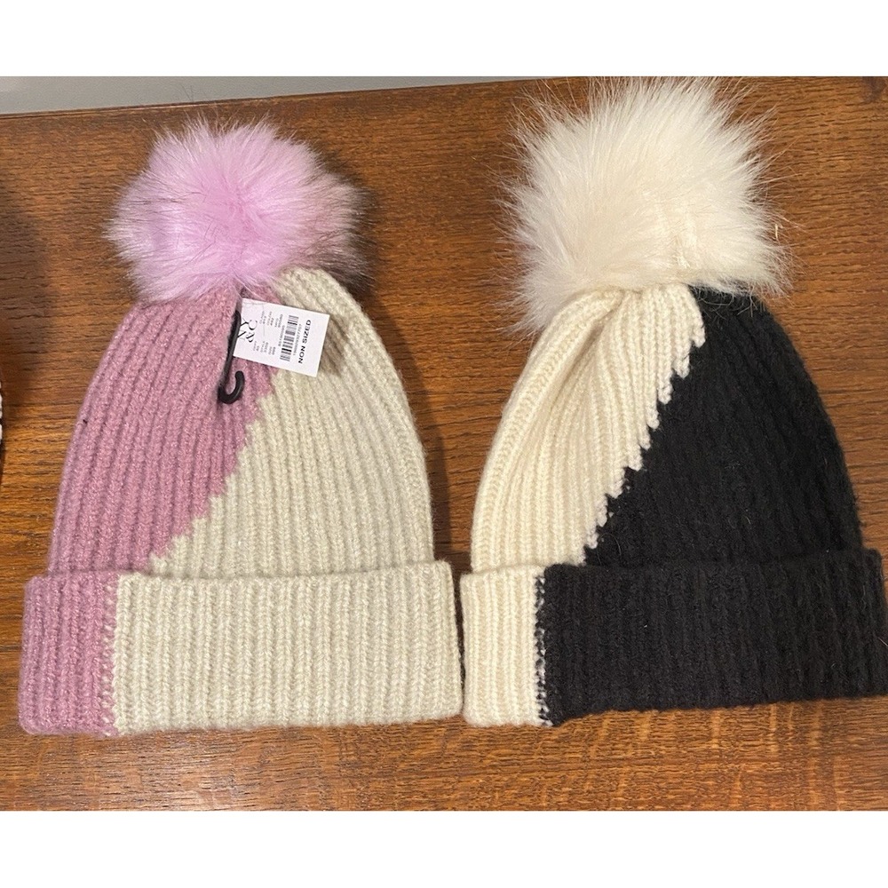 Pair New York and Company Women's Knit Cap Hat Beanie Pom Pom Black Purple